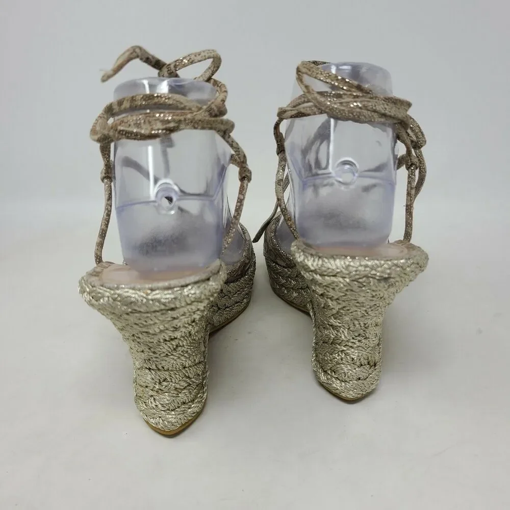 Stuart Weitzman Gold Snake Espadrille Wedge Heel Women's 8 Leg Tie Lace Up Shoes